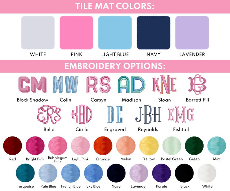 a collection of embroidery color options for lettering, including various shades of pink, blue, green, navy, lavender, and white. The options are presented in a visually appealing manner, with the colors and their corresponding names clearly labeled.