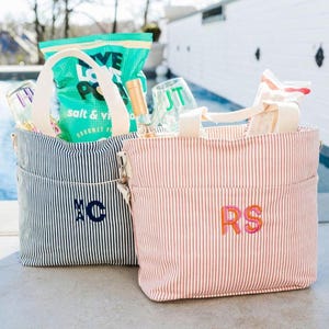 Embroidered Monogram Striped Cooler Tote // Monogrammed Insulated Cooler, Personalized Cooler Bag, Custom Bachelorette Gift, Beach Cooler
