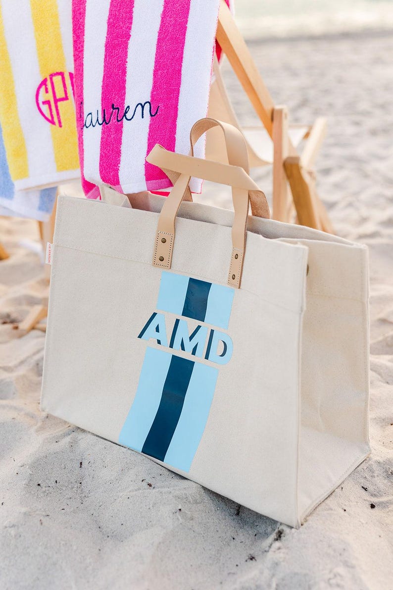 Striped Monogram Weekender // Personalized Name Tote, Bridesmaid Beach Tote Bag, Custom Shoulder Bag, Custom Tote Bag, Gift for Her image 3