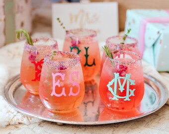 Monogrammed Stemless Wine Tumbler (Set of 4) // Bachelorette  Wedding  Party  Pool