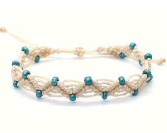 Wavy bohemian bracelet, wave beaded macrame bracelet, boho bracelet with turqouise beads, wax thread bracelet waterproof, ethnic bracelet