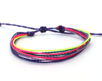 Purple pink neon string bracelet, multistrand wax cord bracelet, colorful multi thread bracelet, multicolored waterproof bracelet fluor