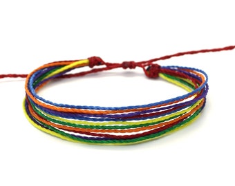 Pulsera multi-hilo arcoiris, pulsera orgullo gay cordón encerado, pulsera amistad hilos múltiples, pulseras playa multicolor orgullo LGTB