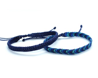 Wax cord friendship bracelet set, thread bracelet pack macrame, braided surfer men bracelet set of 2, knotted woven matching bracelets blue