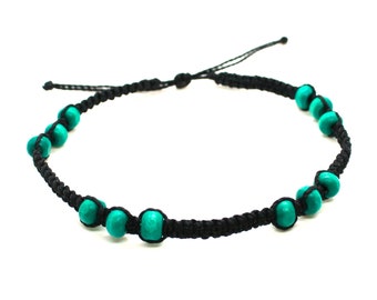 Tobillera surfera chico macramé, pulsera tobillo hilo encerado, pulsera pie cuentas madera, tobillera negra playa étnica tejida a mano