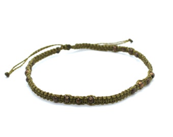 Boho ankle bracelet brass beads, adjustable womens anklet macrame, gypsy woven anklet thread, waxed ankle bracelet tribal jewelry