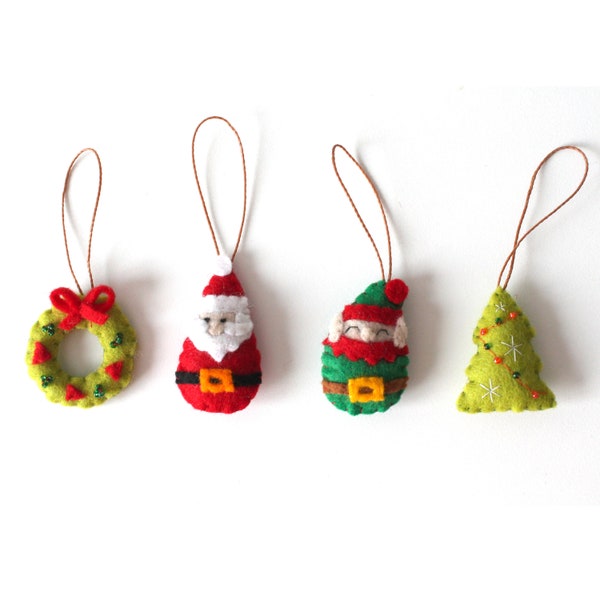 Set 4 small felt Christmas ornaments, felt Santa ornament, Christmas tree decor, Christmas wreath, wool felt gnome ornament green elf helper