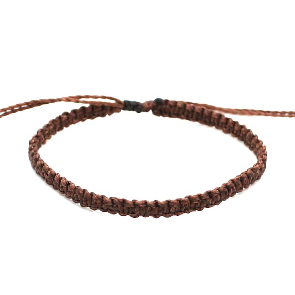 Handwoven brown string bracelet knotted, mens thin bracelet stackable, adjustable macrame bracelet cord, simple thread bracelet waterproof