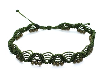 Tobillera bohemia mujer cuentas de latón, tobillera de macramé tejida hilo verde, pulsera tobillo boho tribal, tobillera festival hippie