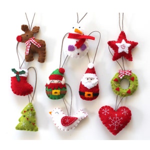 Set felt Christmas ornaments embroidered, 10 small nordic Christmas tree decorations advent calendar filler, funny hanging ornament felt