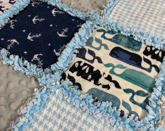 Baby Rag Quilt, Whale Rag Quilt, Nautical baby Quilt, Whale baby blanket, Whale Crib quilt, Whale lap blanket, Full minky back