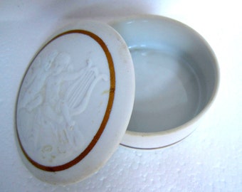 Tharaud Limoges 24 KT Gold Trimmed Porcelain Trinket Box with Cherub Motif