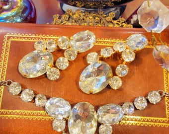 Collana e orecchini vintage anni '50, circa, in acrilico trasparente e strass, gioielli da sposa, ballo di fine anno, alta moda, bigiotteria di alta qualità