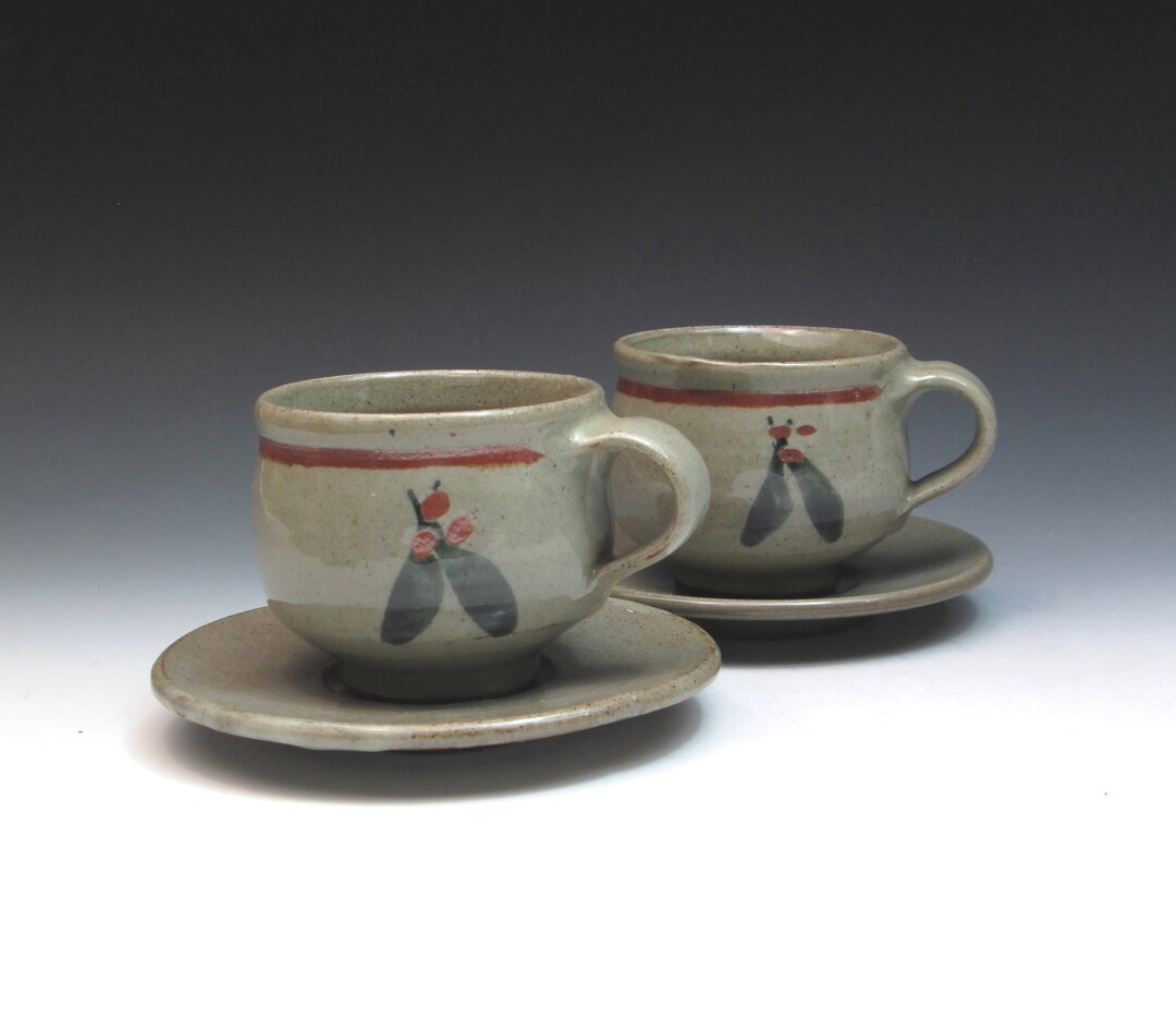 John Bedding Cross Pottery Demitasse Cups and Saucers, Leach Apprentice