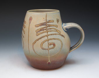 James Brooke Slip Cast Porcelain Mug with Pulled Handle, Hand Decorated, Studio Pottery Porcelain Mug