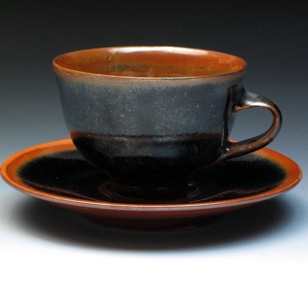 Harry and May Davis Crowan Pottery Cup and Saucer, Tenmoku Stoneware, Vintage Studio Pottery Cup, Leach Apprentices, St Ives Pottery