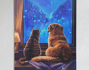 Dipinto originale acrilico di cane e gatto – Blue Rain Companions - Quadro su tela
