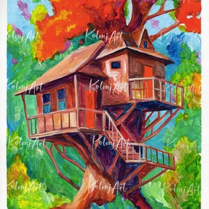 Dipinto originale di paesaggio acrilico / Acque tranquille ispirate alla natura / Dipinto di casa sull'albero / Arte impressionista del ruscello nella foresta