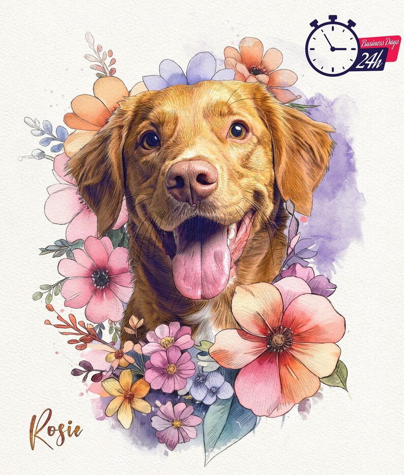 Custom Floral Pet Portrait: Watercolor Dog & Cat Memorial Art - Pet ...