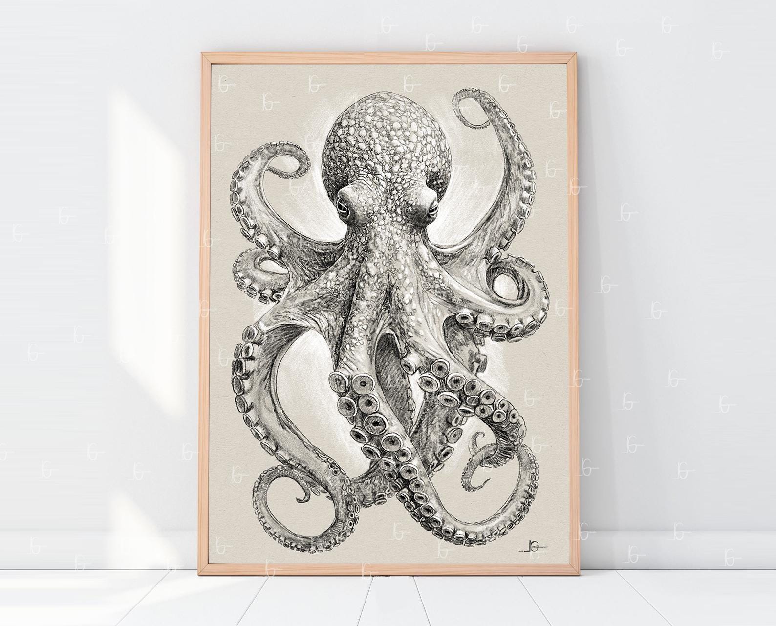 タコの鉛筆画 - 白黒ヴィンテージ海のアートプリント - Etsy 日本