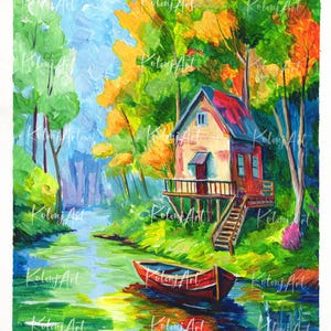 Dipinto originale di paesaggio acrilico / Arte impressionista di ruscelli nella foresta / Acque tranquille ispirate alla natura / Dipinto di casa sull'albero