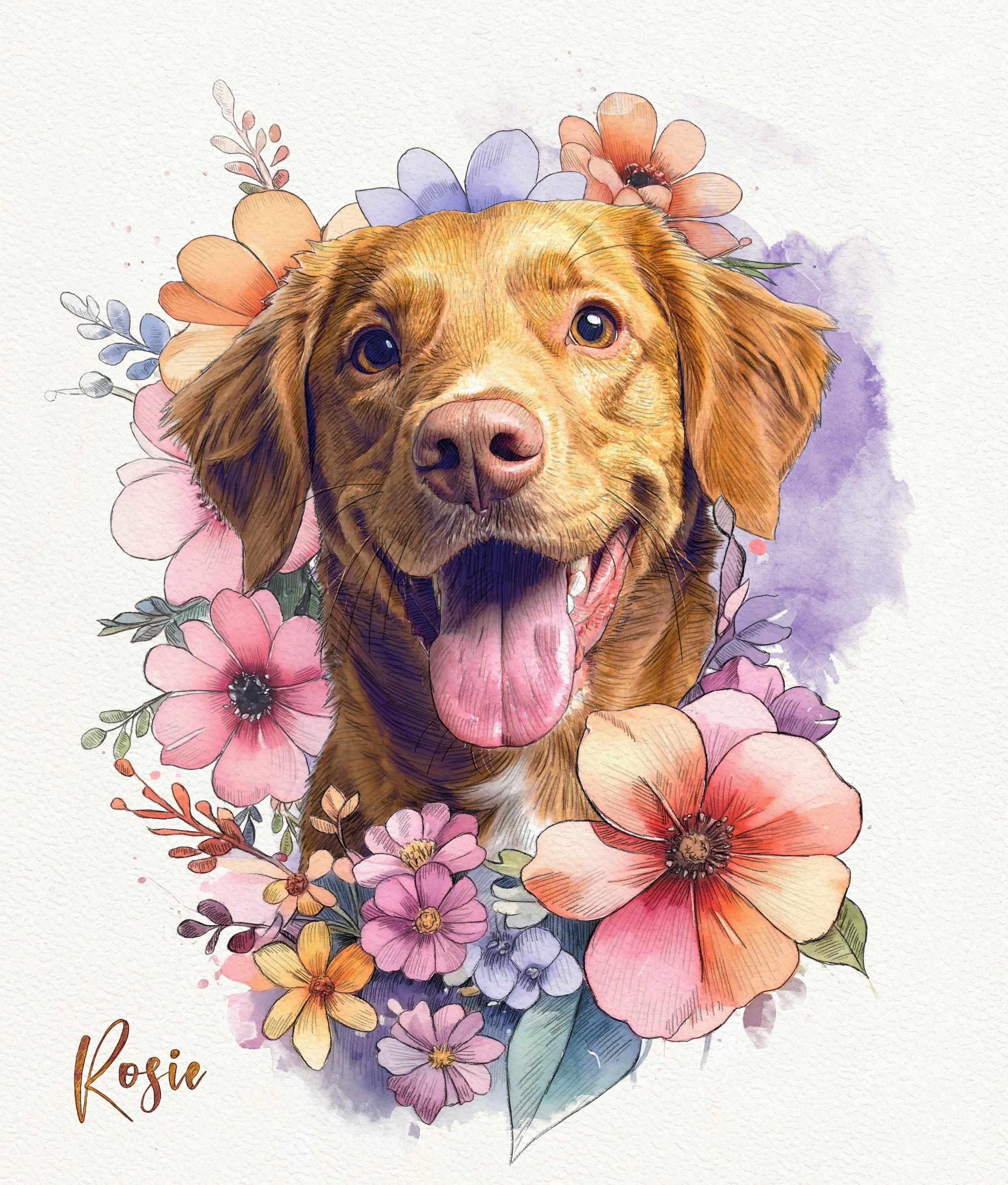 Custom Floral Pet Portrait: Watercolor Dog & Cat Memorial Art - Pet ...