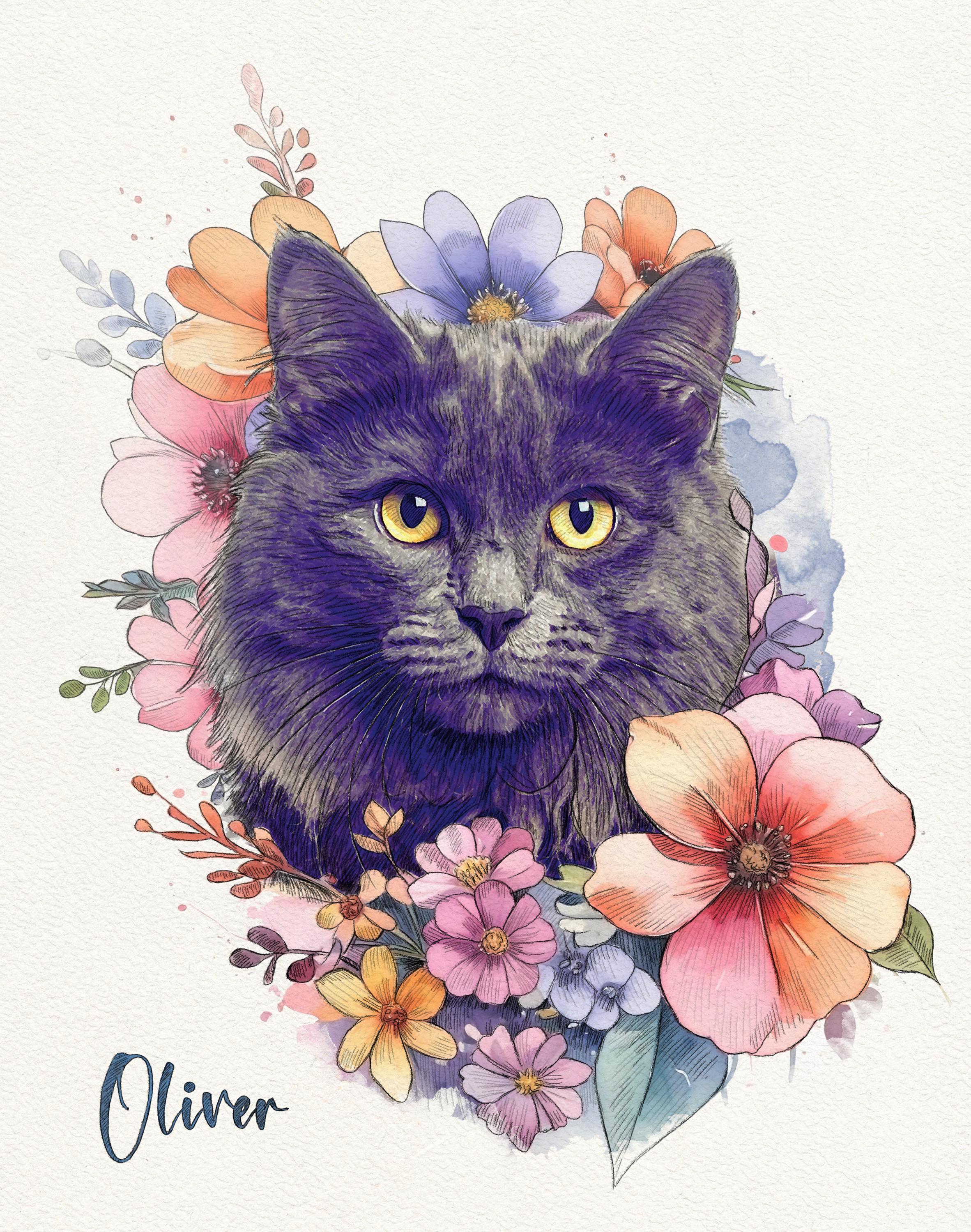 Custom Floral Pet Portrait: Watercolor Dog & Cat Memorial Art - Pet ...