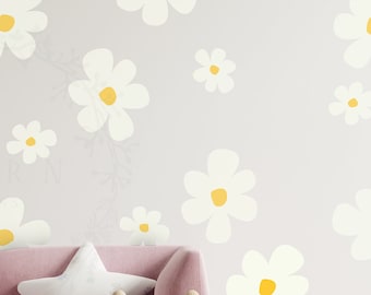 May include: A pink sofa with a white star pillow and three stuffed animals. The wall behind the sofa is decorated with white and yellow daisy decals. The text "cute flowers" and "Cream White outer with Golden Yellow inner. Set D & J" is visible at the bottom of the image.