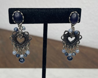 Vintage blue bead/silver heart chandelier pierced earrings 80s boho dangling