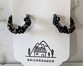Vintage Black Faceted Bead And Rhinestone Hoop Earrings