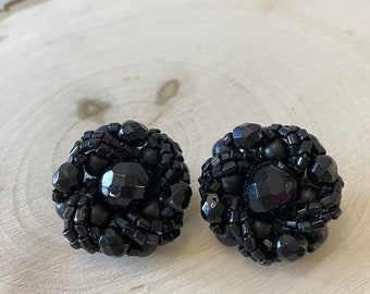 Vintage W. Germany black crystal cluster Clip EARRINGS Jet Black MID CENTURY