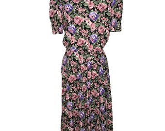 Vintage 1990s floral short sleeve dress black pink purple midi dress size 12