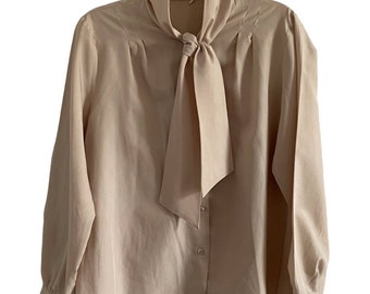 Vintage tan button down blouse with tie neck medium