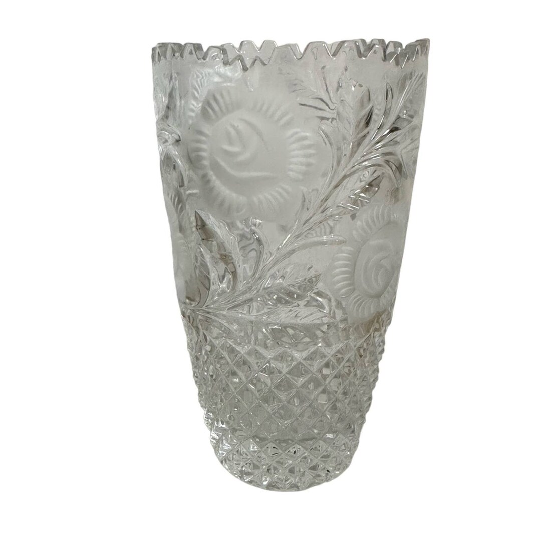 West Germany Lead Crystal Sawtooth Edge Flower Vase With Roses Etsy