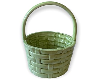 Vintage Avocado Green Succulent Planter Basket Weave Mid Century Modern