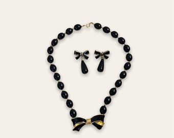 70s 80s vintage black beaded enamel bow necklace earring set Trifari