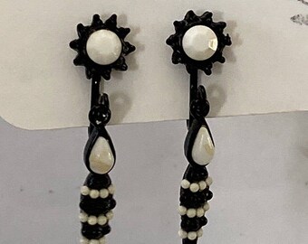 retro vintage clip on beaded drop earrings black white