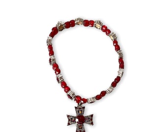 Red Crystal silver cross charm stretch bracelet