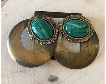 Unique faux malachite and brass-tone vintage clip on earrings