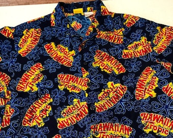 Hawaiian Tropic Tiki Shirt Blue Tapa Hawaii Vintage XL XLarge XXL XXXL