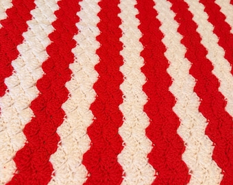 VTG 1970’s RED WHITE Afghan Blanket Throw Crochet 52x60 Handmade cottagecore