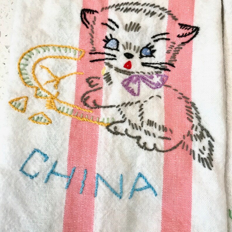 Vintage SET of CATS KITTY Kitten China Glass Embroidered Cotton Embroidery Dish towel Tea Crewel Embroidery Cross Stitch