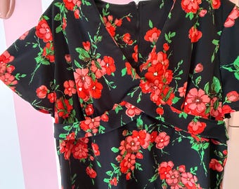 Red Black Flowers Floral Polyester Dress Large XL Vintage 60&#39;s