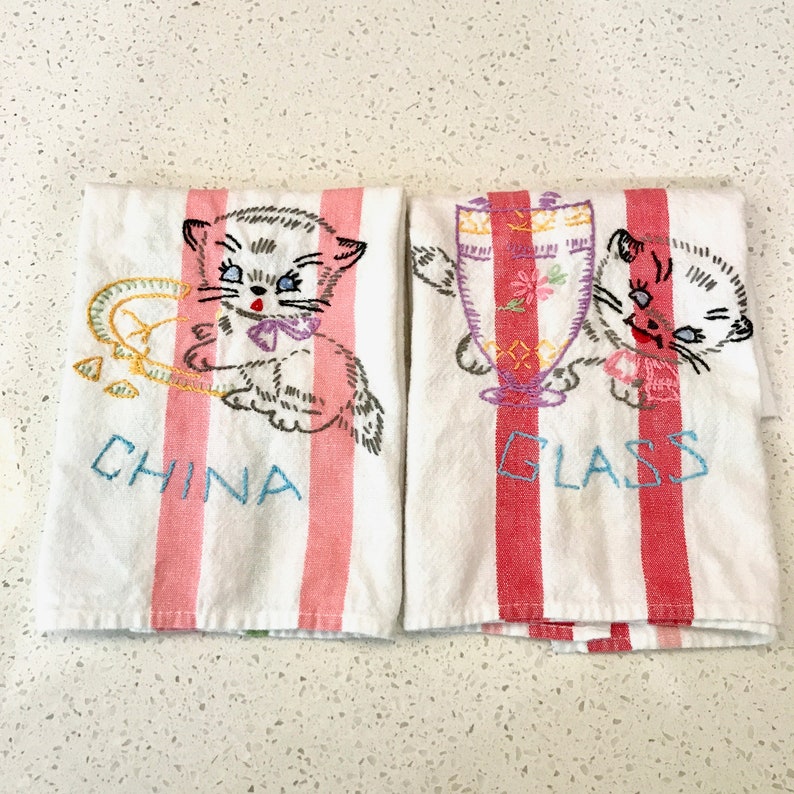 Vintage SET of CATS KITTY Kitten China Glass Embroidered Cotton Embroidery Dish towel Tea Crewel Embroidery Cross Stitch