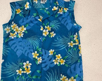 Blue Hilo Hattie Plumeria Plus size Hawaiian Shirt Ladies Vintage Sleeveless Blouse Shirt Tank Tiki Bar Mug Hawaii XXL XL