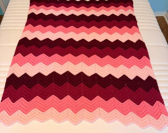 VTG 1970’s PINK chevron zigzag Afghan Blanket Throw Crochet 51x42 Handmade cottagecore