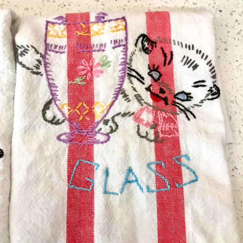 Vintage SET of CATS KITTY Kitten China Glass Embroidered Cotton Embroidery Dish towel Tea Crewel Embroidery Cross Stitch