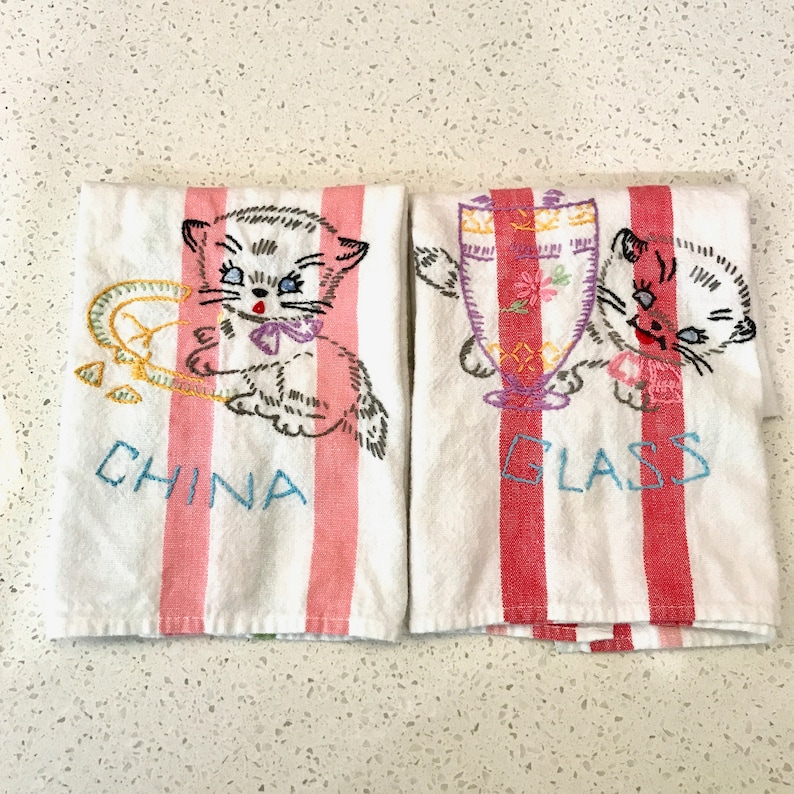 Vintage SET of CATS KITTY Kitten China Glass Embroidered Cotton Embroidery Dish towel Tea Crewel Embroidery Cross Stitch