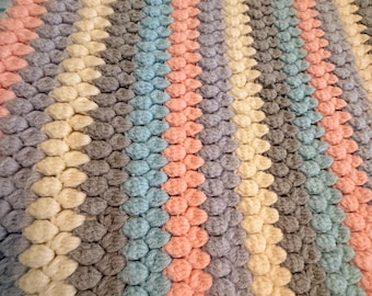 VTG 1970’s Afghan Blanket Crochet 65x48 Handmade Pink Blue White Gray Baby colors