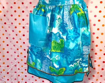 CUTE REVERSIBLE Blue Hawaiian Tiki Tapa Flowers Vintage Apron for Tiki Bar Hawaii Hawaiian